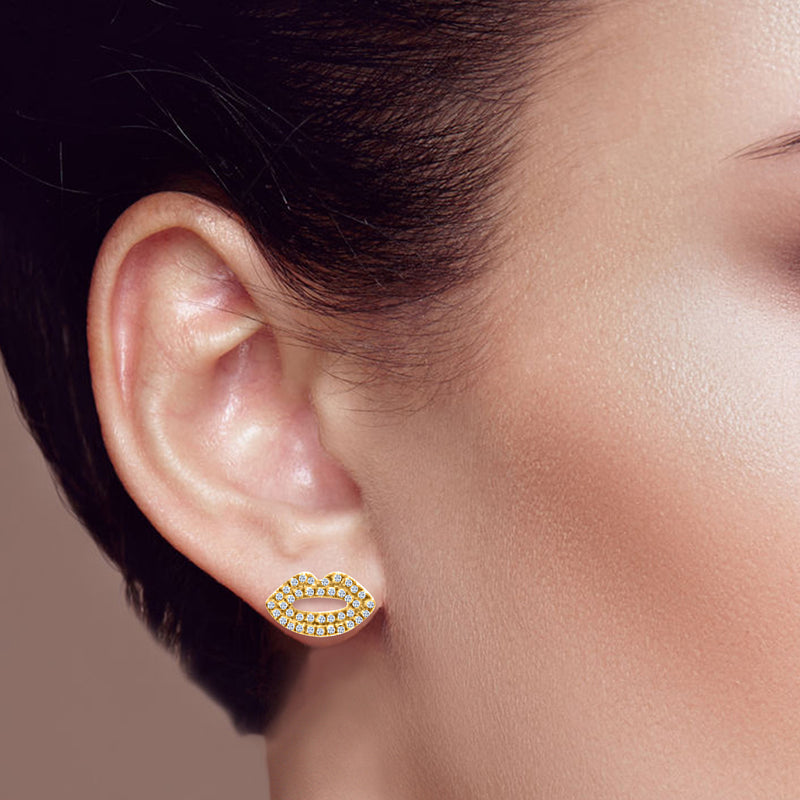 14k Gold Diamond Lips Button Earrings