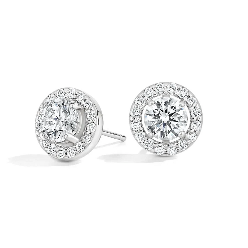 18k White Gold Halo Round Cut Diamond Stud Earrings