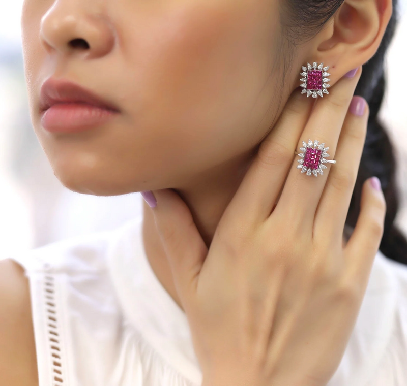 Modern Square Invisible Ruby Earring Ring Set