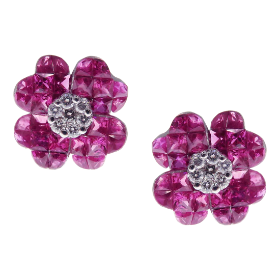 Small Four-Leaf Ruby Invisible Earring Ring Set