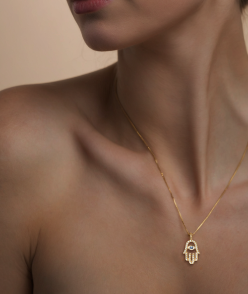 Solid Gold Necklace Featuring Sapphire Hamsa Charm