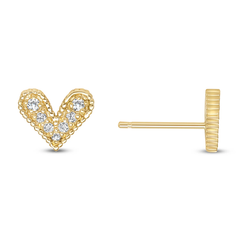 Round Diamond Heart Shape Stud Earrings Set - Push Back With Milgrain